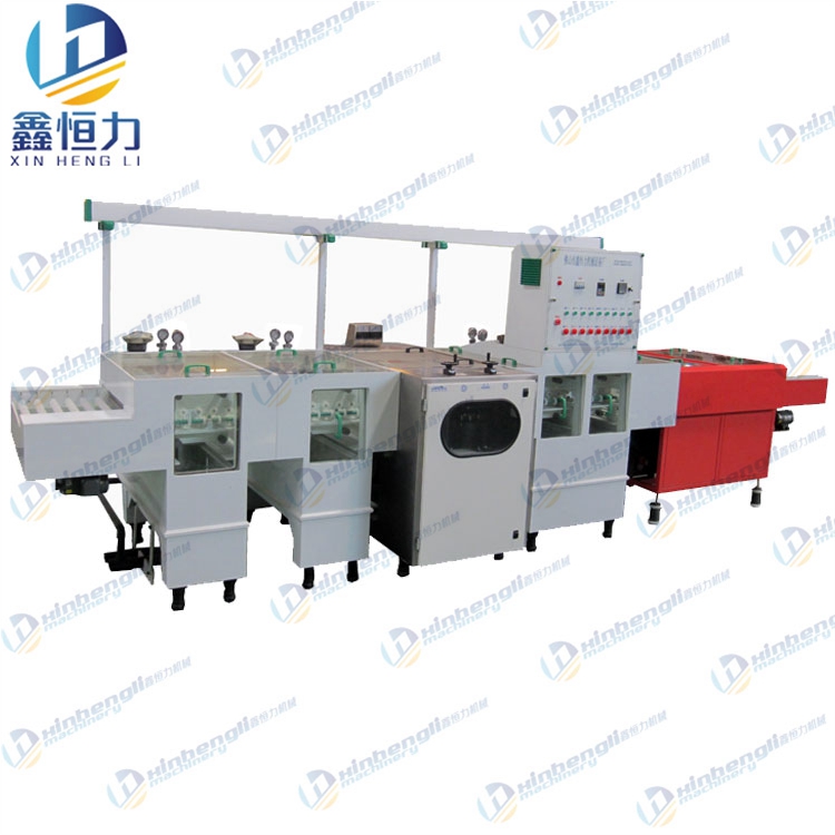 Brushing treatment machine with cleaning and drying line